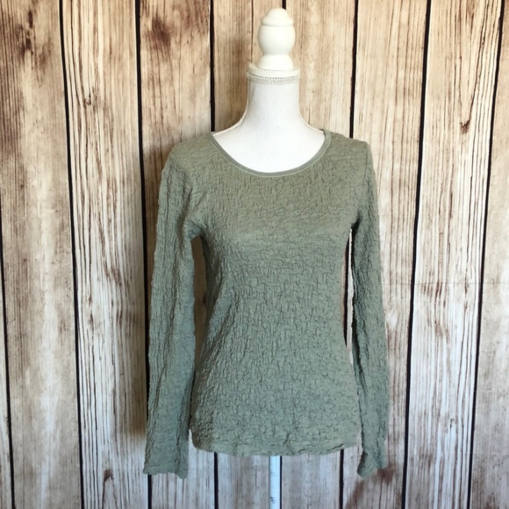J. Jill Sage Green Textured Smocked Crew Neck Blouse w/Velvet-style Trim SM